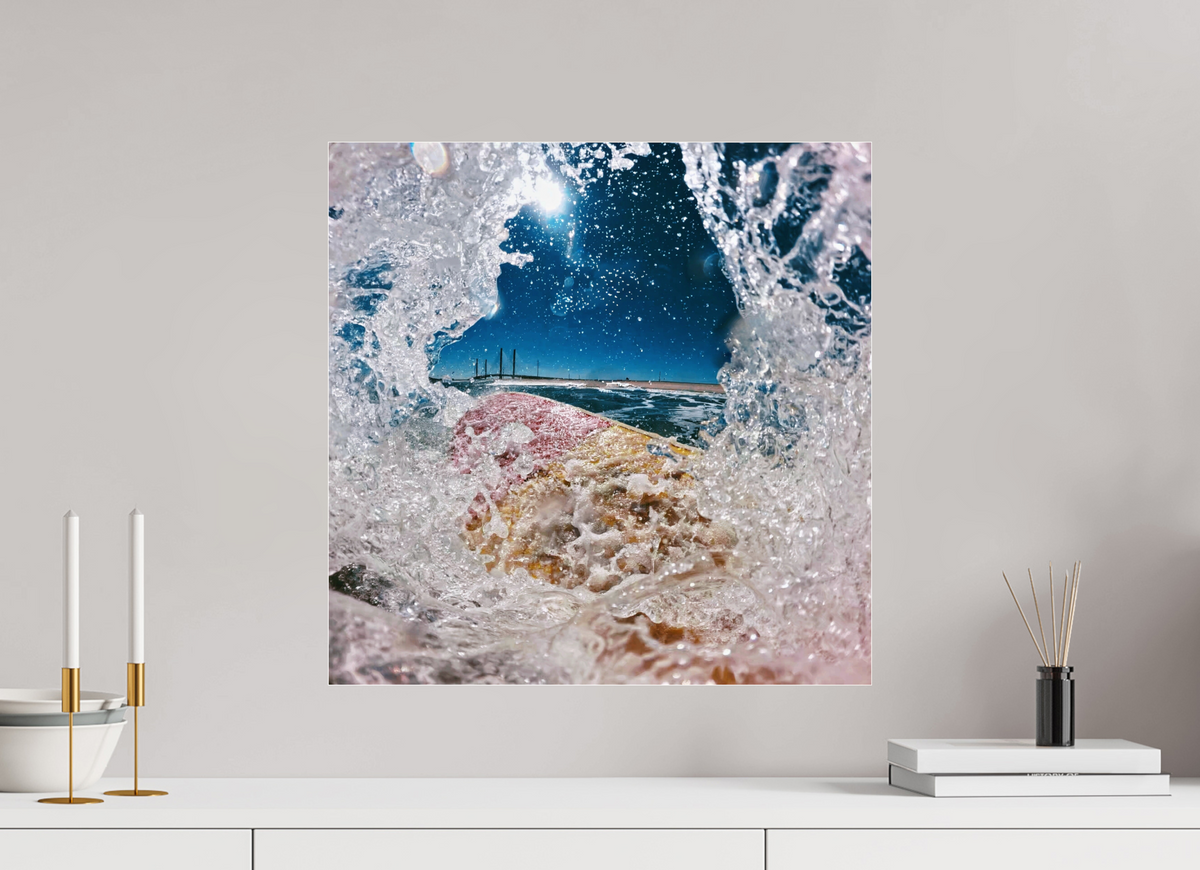 20 x 20″, Gallery Standard Acrylic Glass White Water Frame With Surfboard