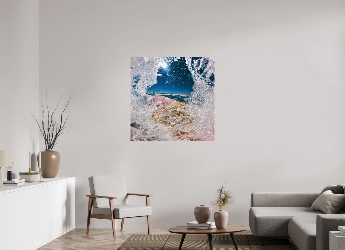 40 x 40″, Gallery Standard Acrylic Glass White Water Frame With Surfboard