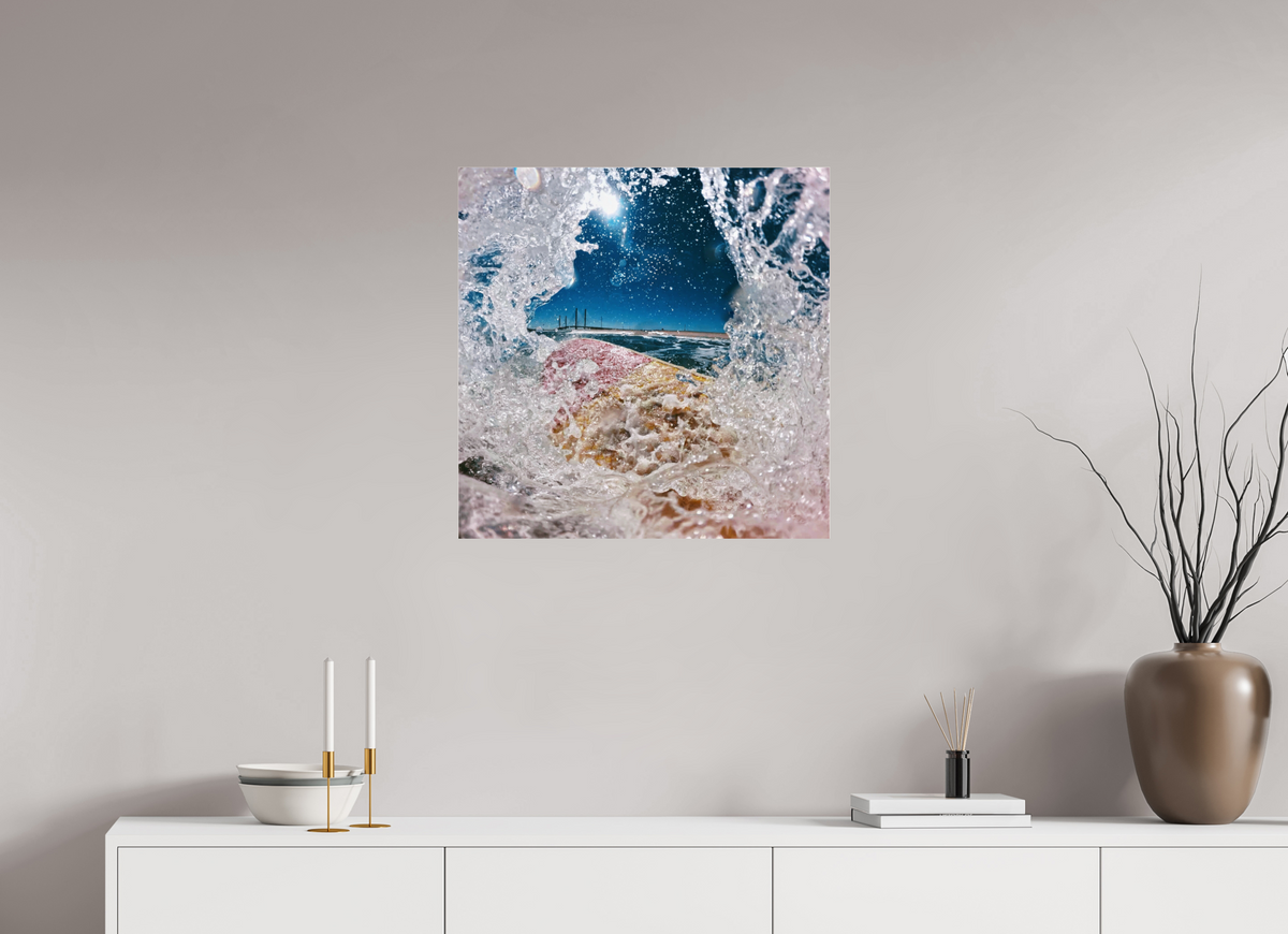 25 x 25″, Gallery Standard Acrylic Glass White Water Frame With Surfboard