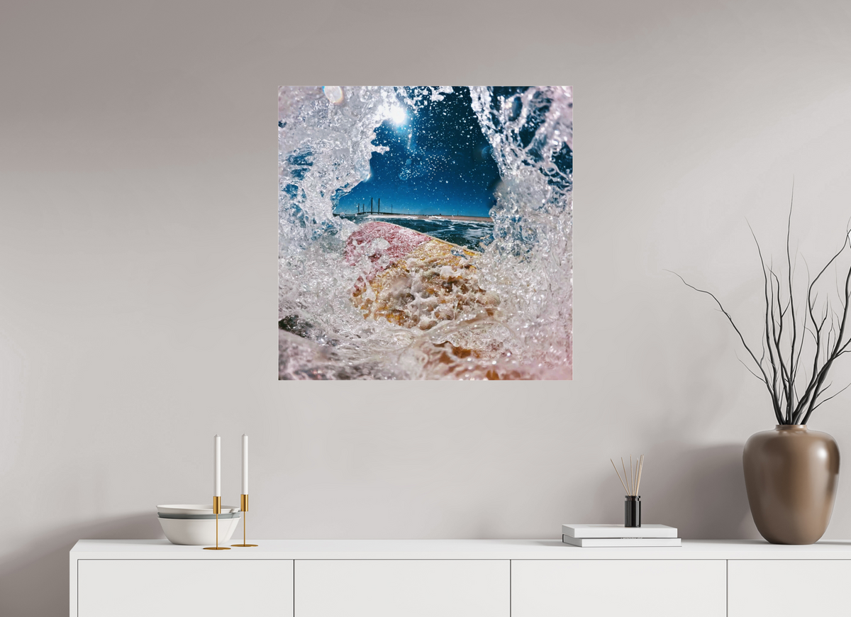 30 x 30″, Gallery Standard Acrylic Glass White Water Frame With Surfboard